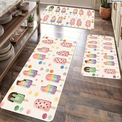 Kitchen Floor Mats Set With Colorful Ice Cream Popsicle Pattern, Cute Summer Themed Non-Slip Rugs For Kitchen, Entryway, Balcony, Bedroom, Living Room Decor Colorful Ice Cream Popsicle And Polka Dot Pattern For Kitchen Entryway Balcony Bedroom Living