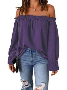 Spriolim - Blusa de gasa de manga larga con volantes y hombros descubiertos para mujer - Rojo vino - Ver 8