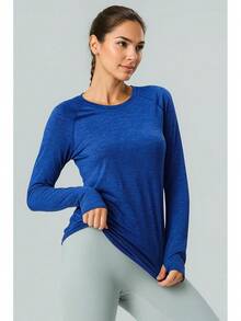 Paquete de 4 camisetas de manga larga para mujer con agujeros para el pulgar, camisetas de entrenamiento atléticas de ajuste seco con cuello redondo - Azul marino/blanco/negro/café oscuro - Ver 5