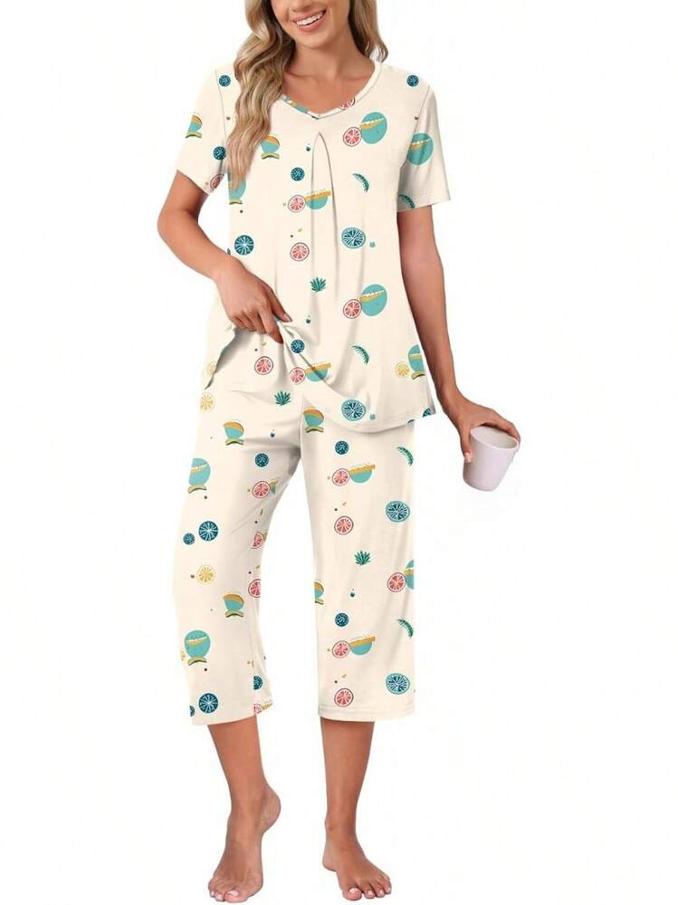 Anyally - Conjunto de pijama de verano para mujer, camisa de manga corta y pantalones capri de 2 piezas, pijama plisado con bolsillos - Mariposa azul plisada - Añade 26