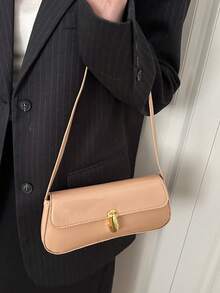 Bolso de mano y de hombro para mujer, unicolor con hebilla dorada, estilo clásico vintage, adecuado para uso diario, fiestas y trabajo - Carne - Ver 5
