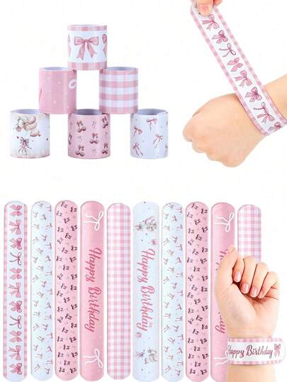 12Pcs Pink Bow Design Bracelet Set, Delicate Slap Wristband For Teens, Adults, Party Favors,Reward Gifts, Playful Accessories, Birthday Gifts,Friendship Gift, Gift Bag Stuffers, Stress Relief Toys