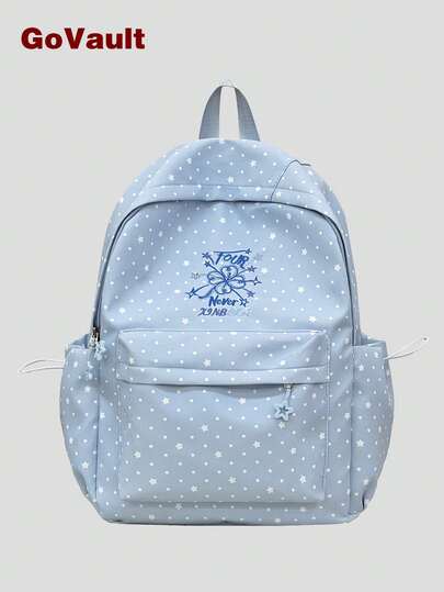 Star & Mini Dot Backpack With Embroidered Flower & Letter, Lightweight Versatile Teen Backpack For Student Daily Commute & Back-To-School