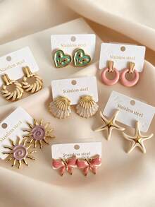 14pcs 7 Pairs Multi-Functional Beach Style Stainless Steel Women's Earrings, Women's Jewelry With Round Shell And Starfish Decoration, Gold Accents, Waterproof And Lightweight, Perfect For Beach, Swimming Pool And Daily Wear, Essential For Summer Music Festivals And Concerts (Random Set) - Multicolor - View 4