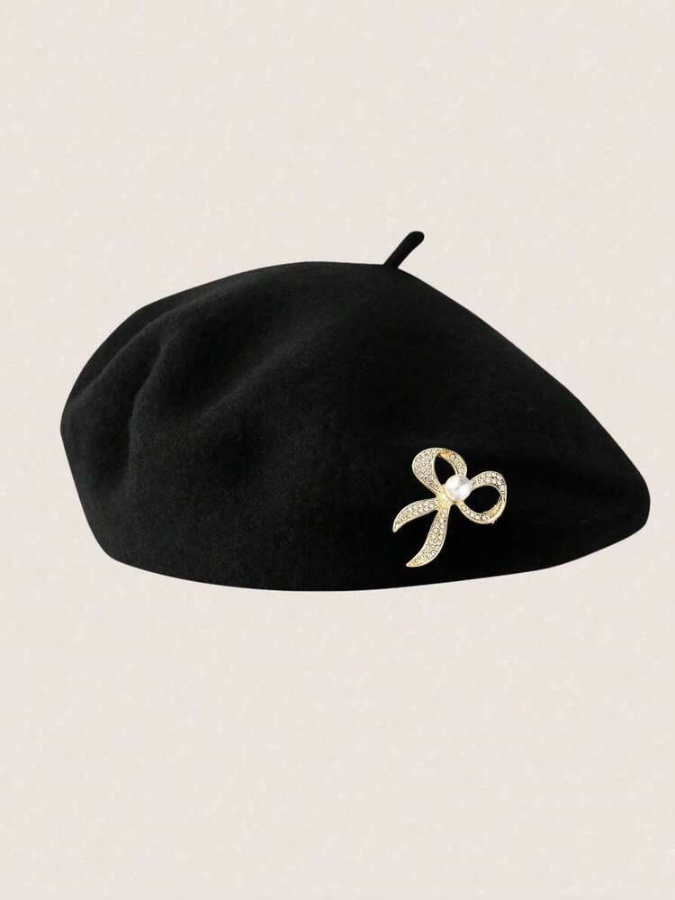 1pc Women's Beret Hat With Detachable Bow Accessory, Korean Style Lady Pumpkin Beret, Japanese Casual Wool Warm Hat, Winter Versatile Retro Artist Hat For Large Head Circumference - Black - View 3