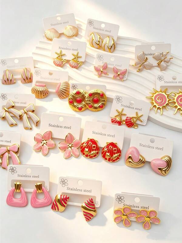 4/8/16/24 Piezas Pendientes de Acero Inoxidable con Diseño de Sol en Esmalte de Bloques de Color Rojo y Blanco – Accesorios Elegantes para Mujeres – Regalo de Cumpleaños para Mujeres