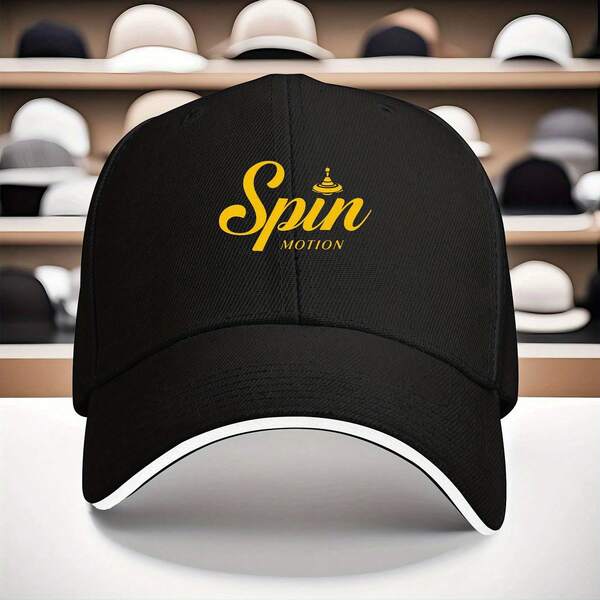 1pc 's Adjustable Baseball Cap - Cute Sandwich & Spin Motion Design, Black/Yellow Golden Lettering, Breathable White Piping Trim, Casual Party Hat,% Polyester (Hand Wash Only) Casual Attire & Themed Events