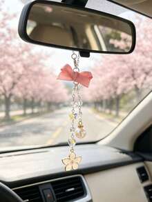 Bowknot Cherry Blossom Car Rearview Mirror Pendant, Crystal Pearl Beaded Car Hanging Decoration, Girly Car Interior Decor, Pink Bow Pearl Pendant Car Rearview Mirror Hanging Ornament, Crystal Bead Chain Style, Universal Car Interior Decoration Accessory - Cherry Blossoms - View 6