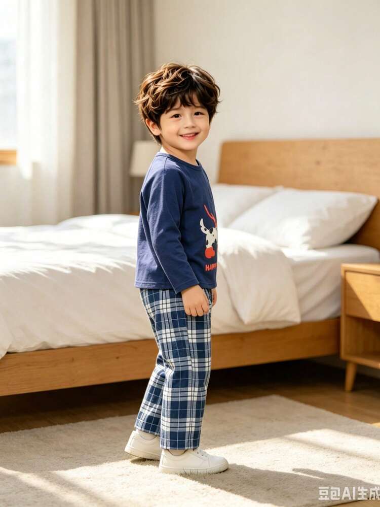 Boys' Long Sleeve Pajama Set, Cute Spotted Puppy Print Crew Neck Top And Blue Plaid Pants, 2 Pieces Loungewear Set For Spring And Autumn - Blue - View 3