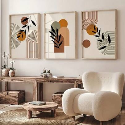 Bộ 3 tranh treo tường canvas phong cách Bohemian tối giản hiện đại Art Deco, họa tiết lá trừu tượng hình học in mực, poster dọc trong nhà, phù hợp trang trí phòng khách, phòng ngủ, văn phòng tại gia, tranh không khung
