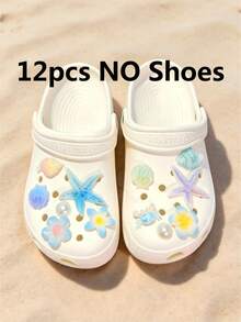 12pcs Ocean Series Blue Tone Clog Shoe Charms, Starfish Shell Shoe Accessories, Removable Conch Shell Decorations For Beach Shoes DIY Decor Buckles - Blue and White Starfish - View 4