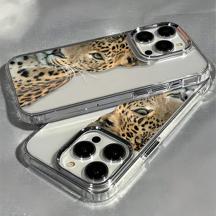 1pc Electroplated Metal Button Transparent Minimalist Personalized Half-Face Leopard Gaze Pattern Phone Case Compatible With IPhone 16 Pro Max/17/16/15/14 Plus/13/12/11/Air Protective Cover - Multicolor - View 4