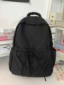 Mochila de gran capacidad para estudiantes de secundaria y universidad, para ir y venir del trabajo y viajes, con decoración de lazo, casual y versátil - Negro - Ver 1