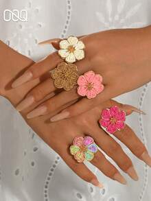 OOQ 1pc Minimalist Handmade Raffia Flower Open Metal Ring For Women, Colorful Dopamine Bright Summer Holiday INS Style, Suitable For Women's Daily Wear, Dating, Party, Versatile Gift For Her (Handmade Weaving Method Random, Purely Handmade May Have Occasional Glue Overflow) - Six-petaled Flower - View 7