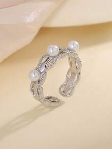 1pc French Double Layer Lace Pearl Ring, High-End Daily Commute Asymmetrical Hollow Design Twisted Open Ring - Silver - View 1