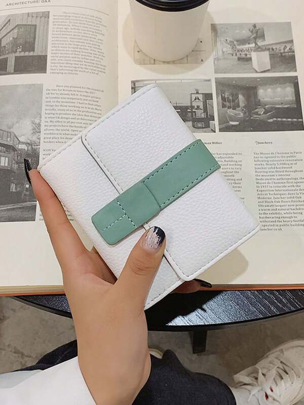 Women's Patchwork Tri-Fold Short Wallet With Multiple Card Slots, Snap Closure, Soft Leather Coin Purse & Card Holder