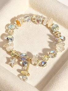 1pc Minimalist Sexy Aesthetic Fairy Style Y2K Iridescent Crystal Bracelet, Exclusive For Teenage Girls, Gold Zirconia Star Pendant With Tassel, Elastic Band, Jewelry, Suitable For Prom, Graduation Season, Music Festival, Daily Wear, Best Friend Birthday, Valentine's Day Gift - Multicolor - View 5