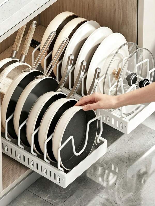 1 pieza Organizador de tapa de olla extraíble y elástico, estante ajustable para gabinete, estante de almacenamiento de metal blanco, adecuado para utensilios de horneado, platos y utensilios de cocina