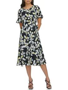 DKNY Vestido Midi de Gasa con Mangas y Falda Godet Vestido para Mujer - Equipaje - Ver 9
