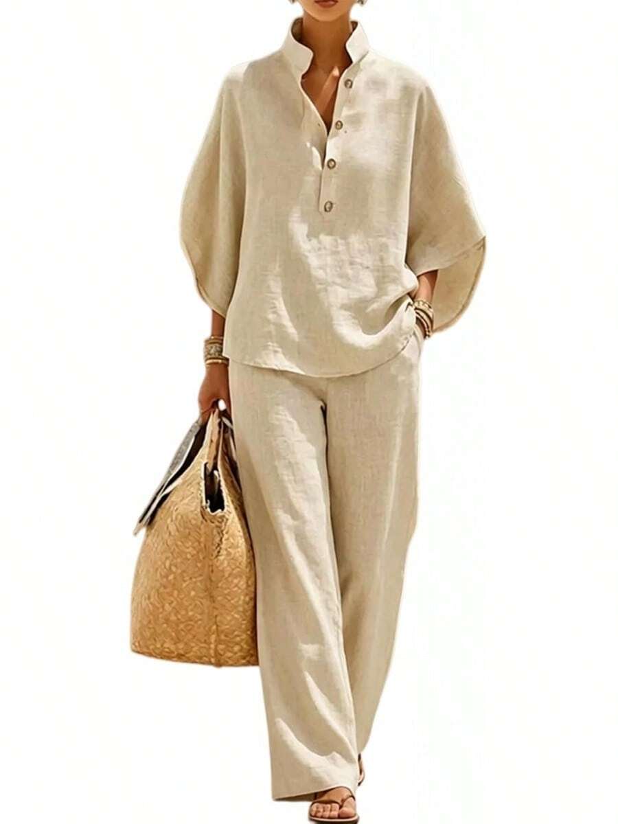 Conjunto de Dos Piezas de Lino y Algodón para Mujer con Manga de Murciélago, Camisa con Botones y Pantalones de Pierna Ancha, Atuendo Casual de Verano - Amarillo - Ver 1