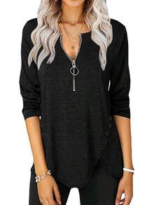 Fisoew - Blusa casual de manga larga para mujer, cuello redondo, botones laterales - X-Sky Azul - Ver 17