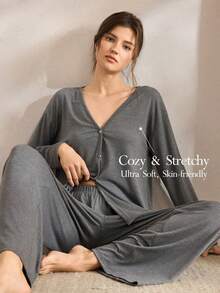 Ocili Conjunto de ropa de estar en casa minimalista y cómodo para mujer, con cuello en V holgado, ropa de invierno - Verde oscuro - Ver 20