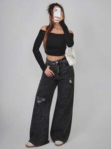 Straight Leg Jeans In Washed Blue Denim With Rips - Noir - Voir 5