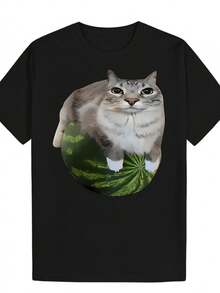 Men'S Summer Casual T-Shirt With A Fun Cat Meme Design - Lightweight Polyester Material, Crew Neck, Short Sleeves, Playful Cat Meme Print, Suitable Fo - Black - View 1