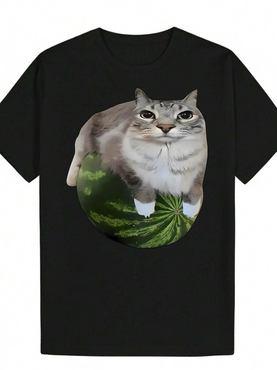 Men'S Summer Casual T-Shirt With A Fun Cat Meme Design - Lightweight Polyester Material, Crew Neck, Short Sleeves, Playful Cat Meme Print, Suitable Fo - Black - View 1