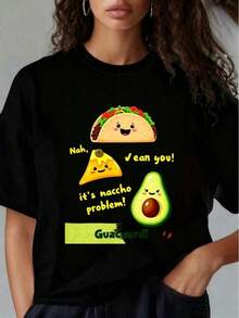 Talla unisex. Camiseta de Wo con cuello redondo y mangas cortas, estampado divertido. Camiseta con un divertido juego de palabras de taco, nacho y aguacate, con lindos personajes de comida y - Blanco - Ver 1