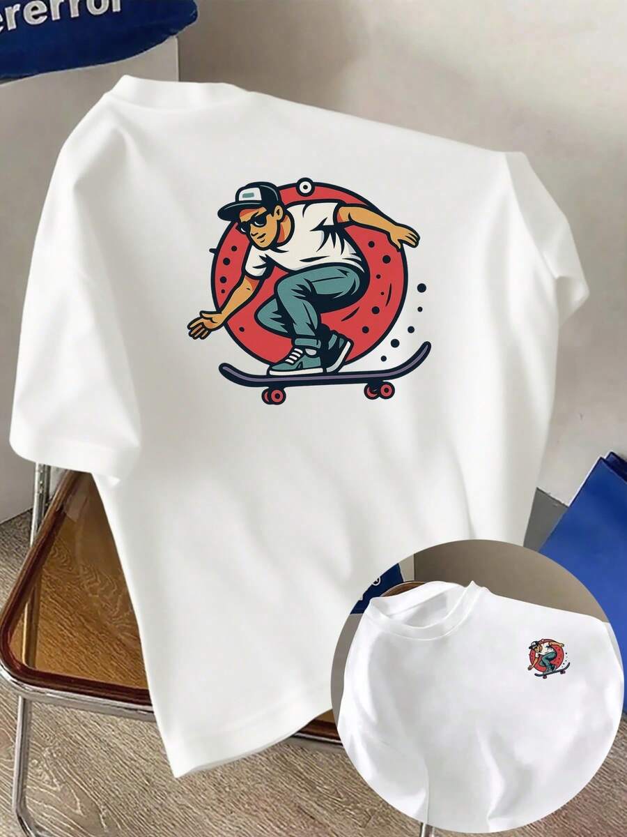 Skateboarding, deportes extremos, nueva camiseta de cuello redondo para hombre con estampado de doble cara, estilo casual deportivo, moda moderna, top de corte holgado, camiseta de manga cor - Blanco - Ver 1