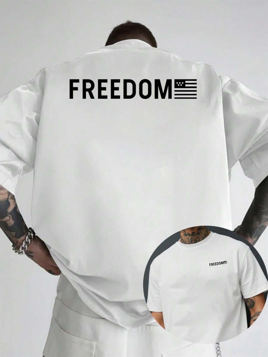 Camiseta para hombre con la bandera estadounidense y la palabra LIBERTAD - diseño de doble cara con frases tanto en la espalda como en el pecho, camiseta casual de manga corta con cuello red - Blanco - Ver 1
