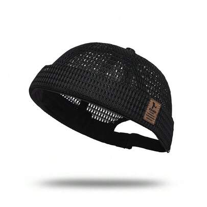 1 pieza Sombrero de cubo nuevo de verano con etiqueta de cuero FEWK cosida, diseño de malla de cuadrícula grande hueca, unisex, estilo hip-hop, transpirable