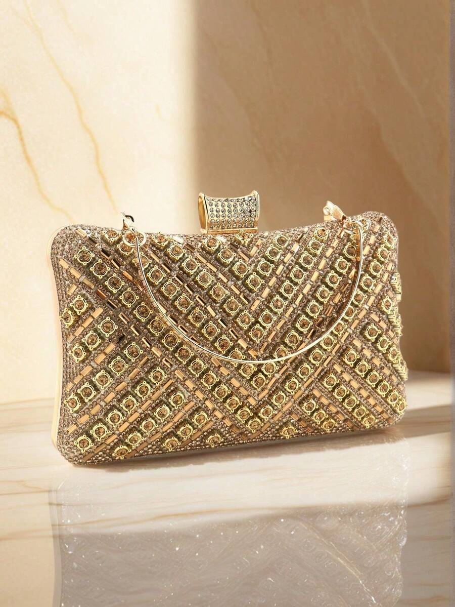Handbag With Metal Handle, Evening Bag With Diamonds, Gold Wedding Clutch, Shoulder Bag With Chain, Small Handbag - Gold - View 1