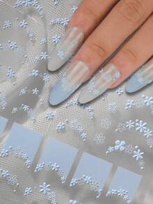 1pc Gentle Hazy French Blue 6D Semi-Transparent Embossed Nail Stickers, 3D Lace Texture Mini Floral, Paired With Multiple Curved French Lace Edges, Staggered Long And Short Flower Vines, Low Saturation Matte Light Blue Soft And Elegant, Delicate 3D Embossed Not Bulky, Semi-Transparent Base Film Suitable For Milky White, Nude Gray, Ice Transparent Nude Nail Polish Base Colors. Specifically For French Manicure Edging, Also Can Be Used For Single Flower Decoration And Patching - Multicolor - View 2