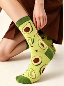 1 Pair Women's Avocado Jacquard Mid-Calf Socks, Spring/Autumn/Winter Artistic Casual Socks, Fruit Pattern, Personalized & Cute, Suitable For Daily Wear - Multicolor - View 3