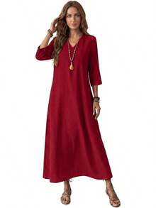 Genérico Vestido Largo de Lino de Algodón para Mujer,Manga 3/4,Vestido de Moda con Cremallera Trasera,Vestidos Largo Casual,para Playa,Invitado - Negro - Ver 12