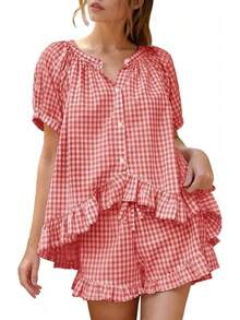 Flygo - Conjunto de pijama de cuadros para mujer, 2 piezas, de algodón, manga abombada, con volantes, conjunto de pijama de verano - Naranja china - Ver 20