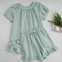 Flygo - Conjunto de pijama de cuadros para mujer, 2 piezas, de algodón, manga abombada, con volantes, conjunto de pijama de verano - Rosa - Ver 5