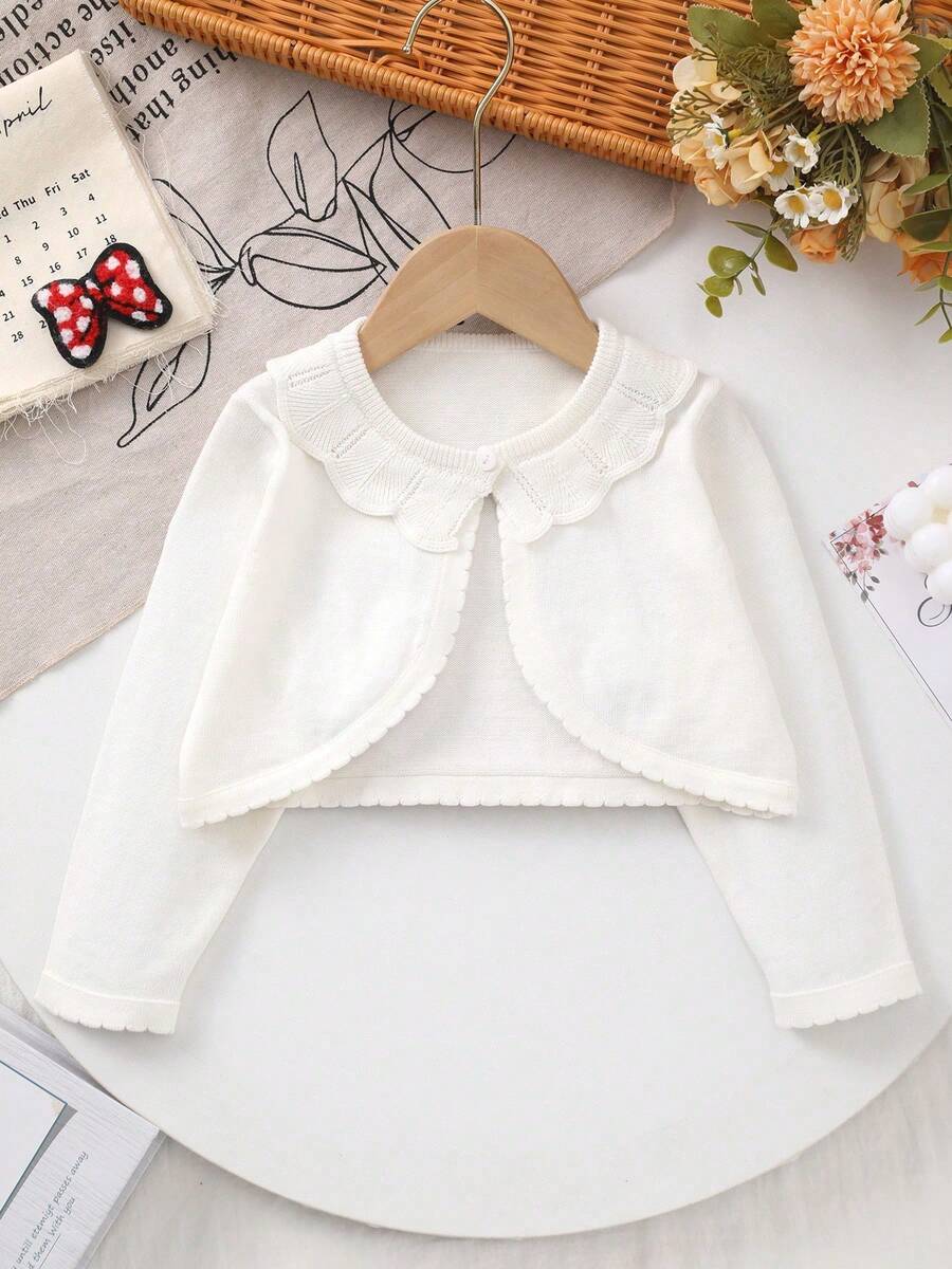 Baby Girl Spring/Summer Thin Sweet Lace Peter Pan Collar Knit Cardigan Shawl - Beige - View 1