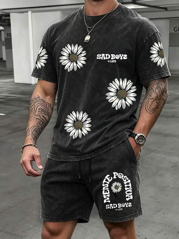 Striville Men's Washed And Distressed Short Sleeve Set, Vintage Washed, Emo Style, Fresh Street Vibe