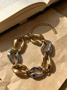 Tone Chunky Asymmetric Link Bracelet, 18K Gold Plated Titanium Steel, Mix Gold Silver Color Statement Bracelet For Women Daily Stackable Jewelry Gift - Gold and Silver Two-tone Bracelet - View 5