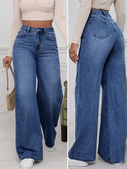 Pantalones vaqueros rectos elásticos para mujer, cómodos y holgados, confeccionados en tejido vaquero resistente, adecuados para estilos informales y urbanos.