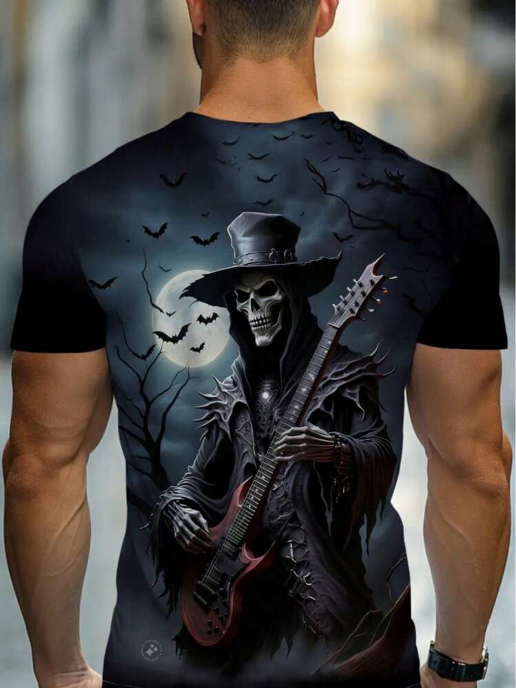 Men's 3D Grim Reaper T-Shirt, Ideal For Casual Occasions. Available In Black, It's Durable And Lightweight, Making It Suitable For Home, Dining, Or A Bar. - 黑色 - 查看 2