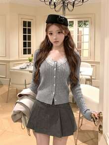 Women's Grey Cable Knit Cardigan, V-Neck Single-Breasted Short Slim Fit Long Sleeve Top, Fluffy Sweater, Korean Style, Ins Style Fall - Grey - View 2