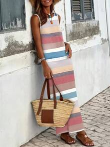 Women's Bohemian Style Striped Midi Dress, Sleeveless, Round Neck, For Beach Vacation, Fashion, Slim Fit - Pale Yellow - View 6