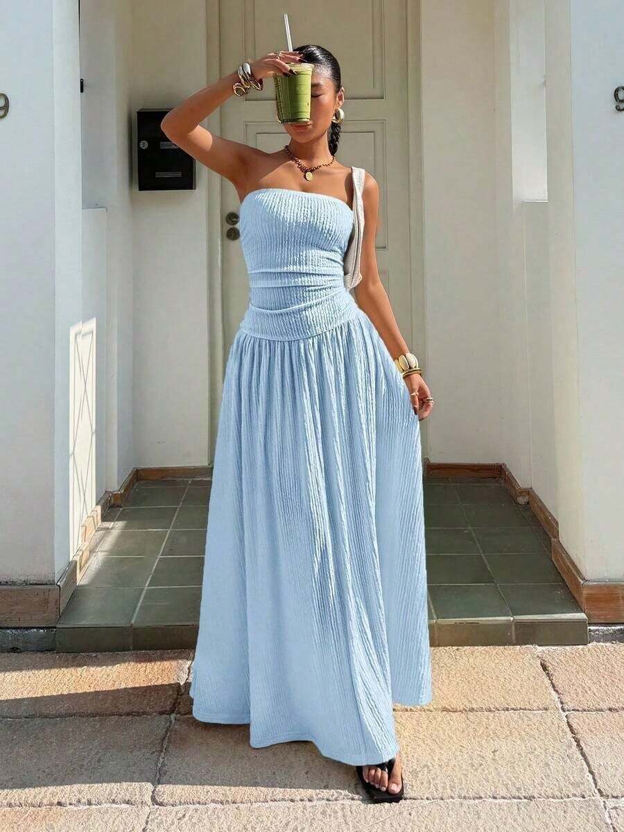 Vestido de Fiesta Elegante Nuevo de Verano 2026, Sin Mangas, Estilo Dopamina, Elegante, Sexy, Ajustado, Sin Tirantes - Azul - Ver 1