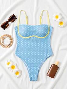 Spring/Summer New Blue White Yellow Polka Dot Elegant Casual Beach Vacation Party Date One-Piece Swimsuit - Multicolor - View 2