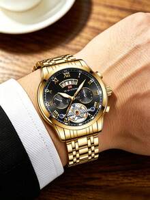 Brand 2025 新款男士奢華金銀黑 41mm 不鏽鋼指針陀飛輪發光日期防水石英運動手錶 - 黑色 - 查看 4