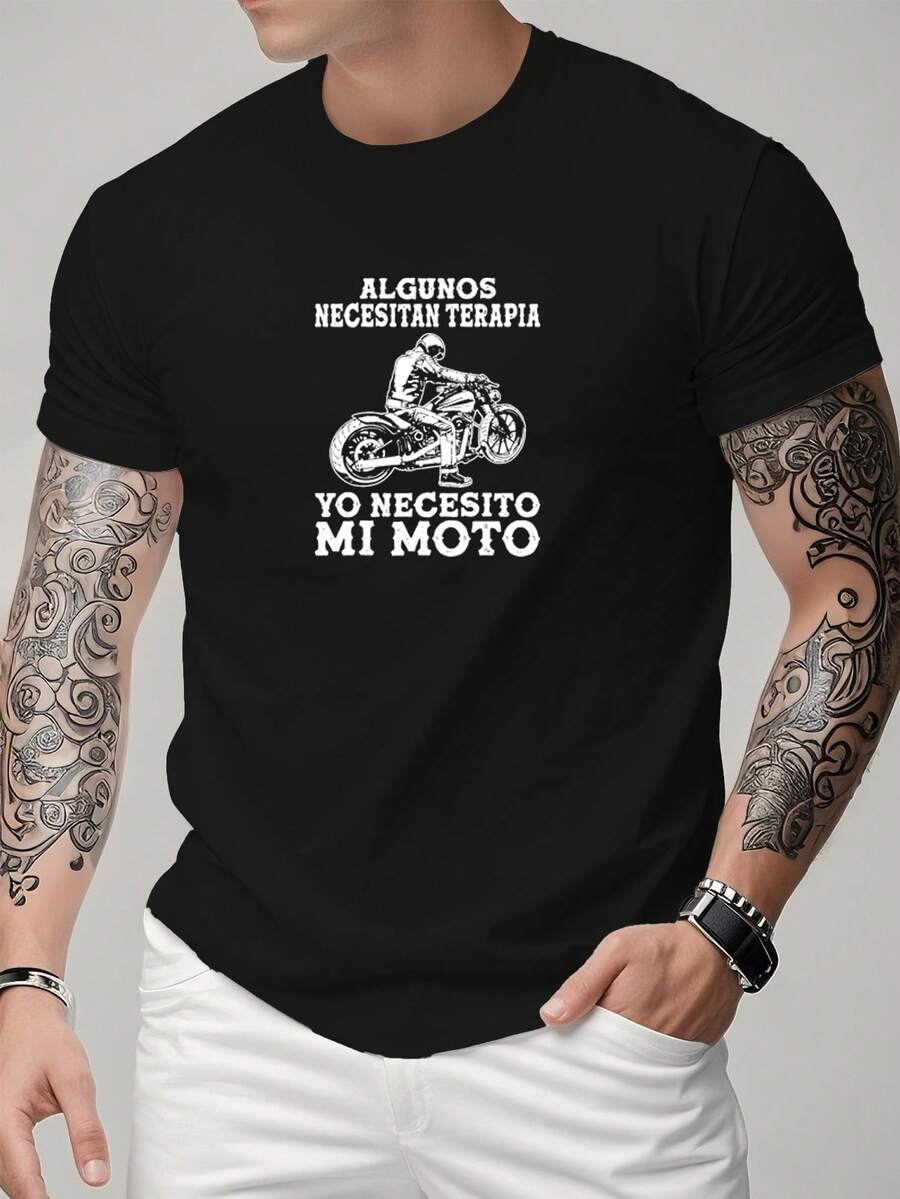 Camiseta de manga corta para hombre, estilo casual y deportivo, con un diseño gráfico creativo de motocicleta española 'YO NECESITO MI MOTO'. elástica y cómoda, para deportes, viaje - Negro - Ver 1